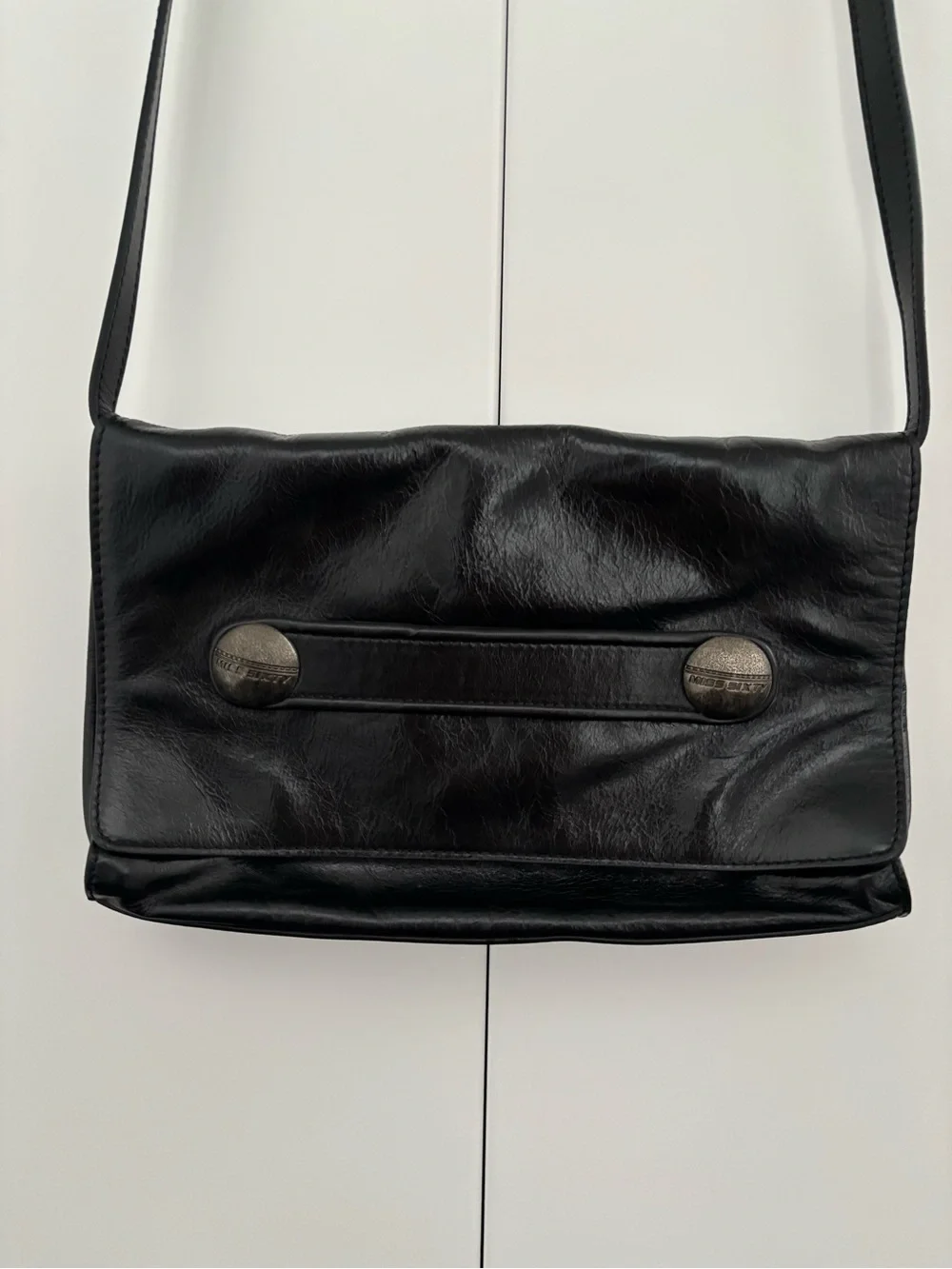 Miss Sixty Black Leather Messenger Bag with Metal Button Accents